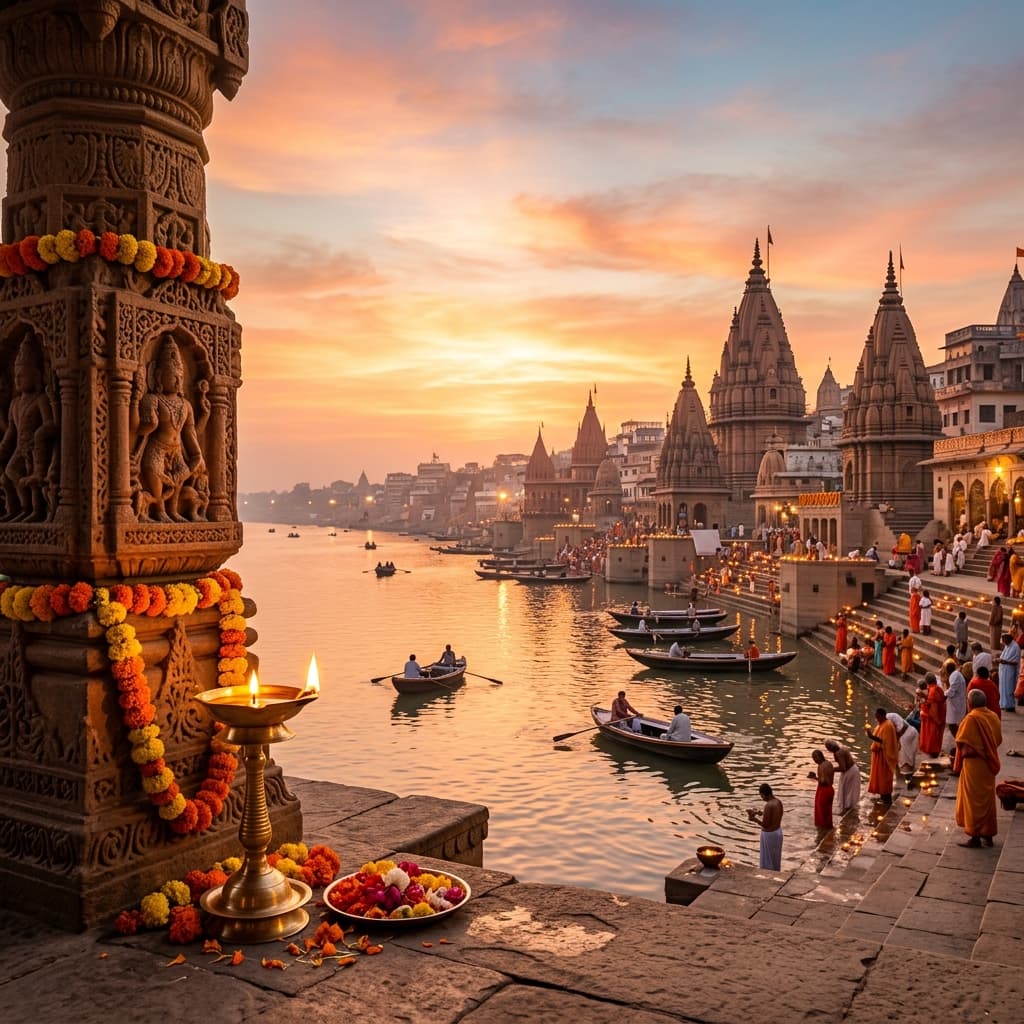 Sacred Varanasi ghats, temple spires and Ganga sunrise